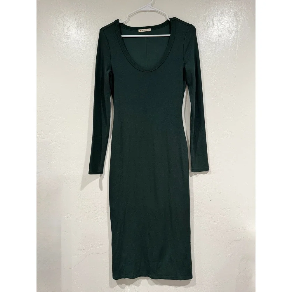Marine Layer Women Green Ribbed Scoop Neck Long Sleeve Midi Bodycon Dress Small